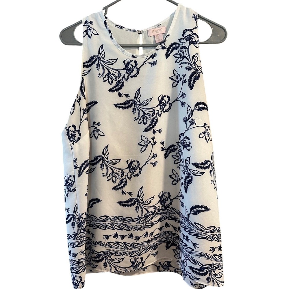 St. Tropez West Womens Navy Blue Floral Sleeveless Blouse Keyhole Back Size M